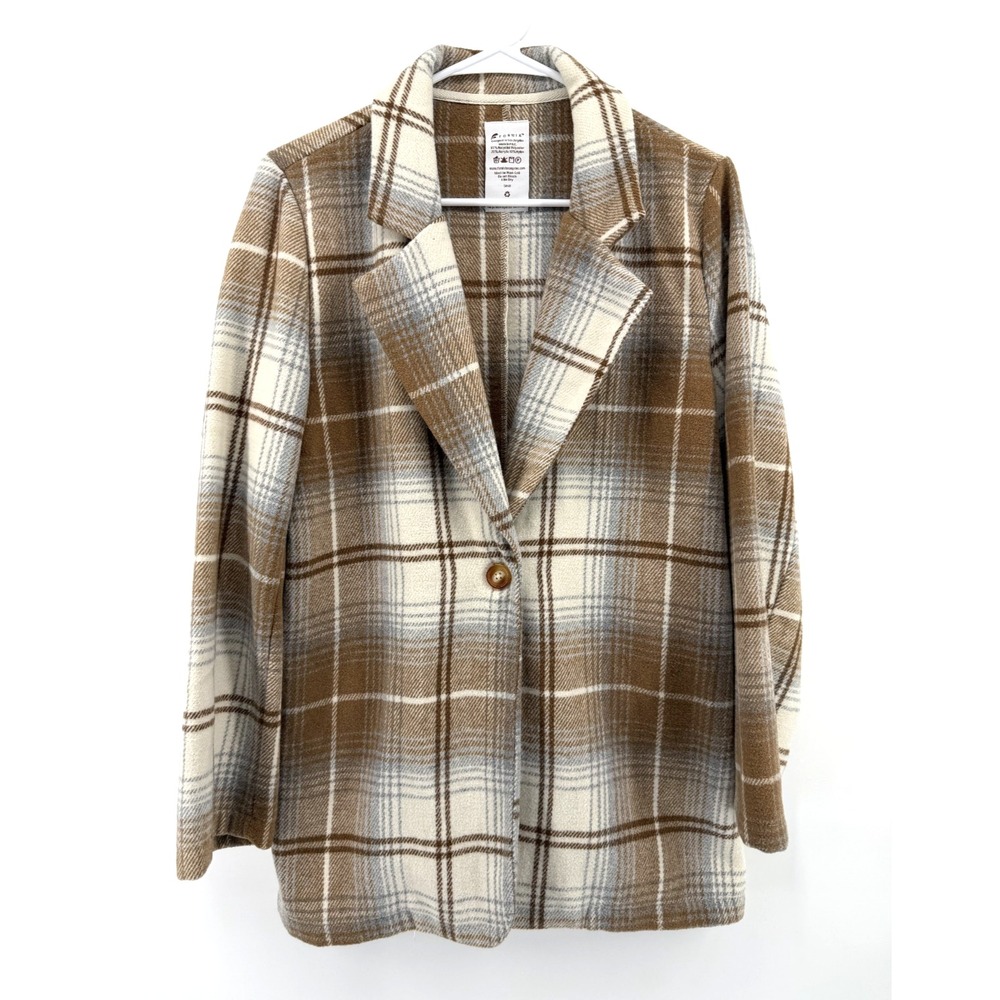 Fornia Brushed Tweed Jacket Blazer Shazer Cream Brown Plaid Cozy Soft Women S